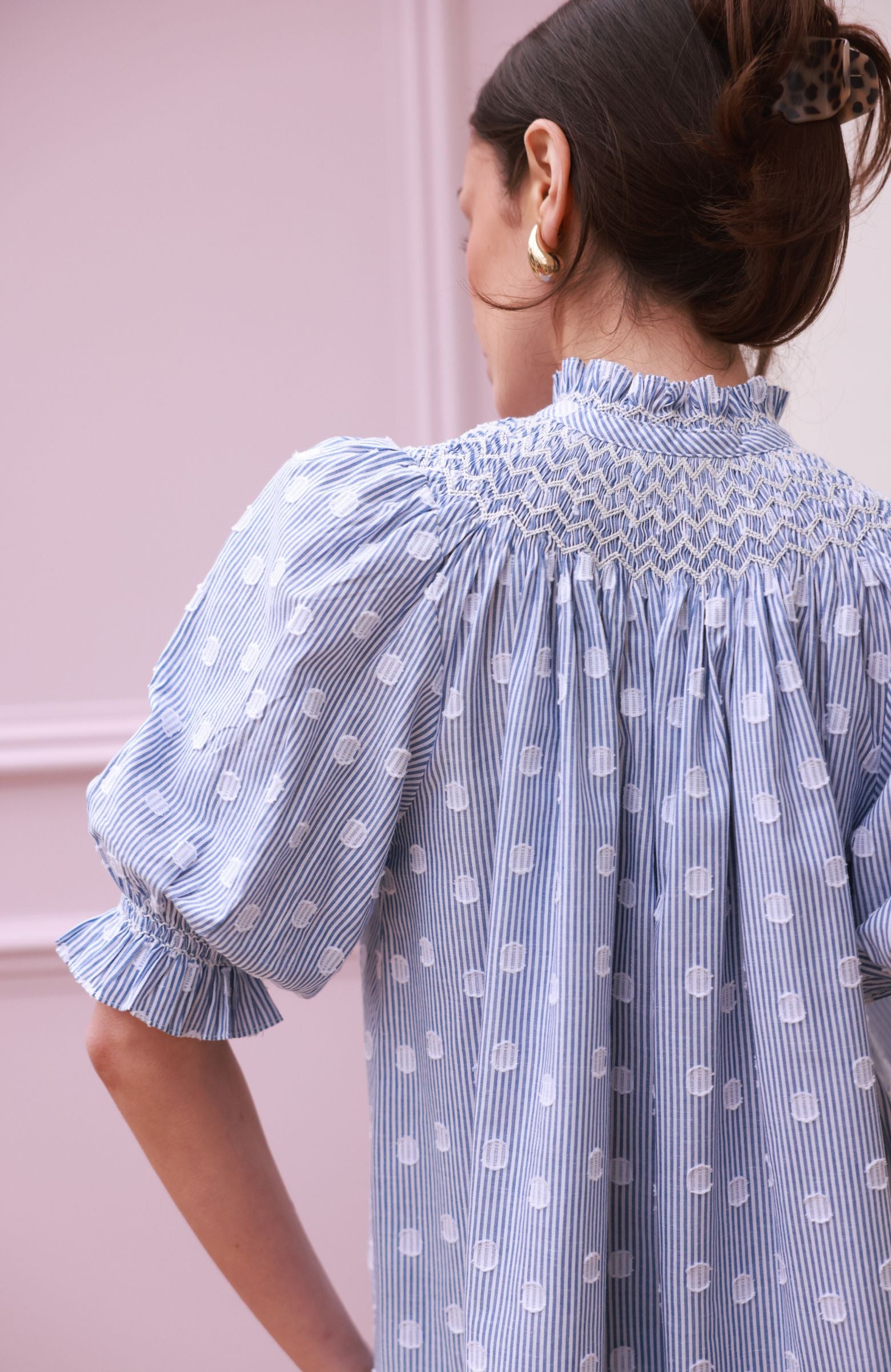 Scholl Blouse Bubble Weave Cotton with Double Cream Hand Smocking Edition 60