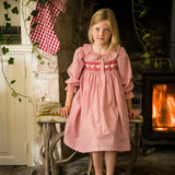 1-2 & 2-3y Samantha Varvel x Smock London Nightingale Girl's Dress Gingerbread Stripes with Snow Heart Hand Smocking