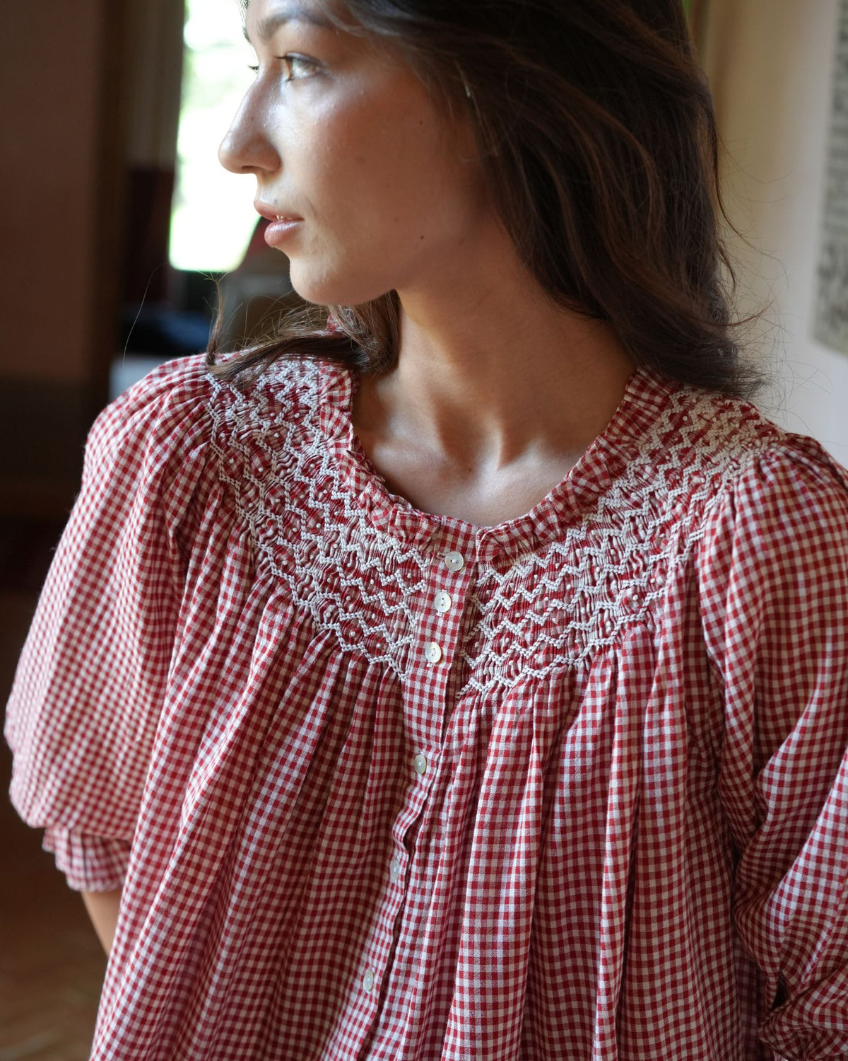 Cleopatra Blouse Red Apple Vichy with Cream Hand Smocking Edition 48