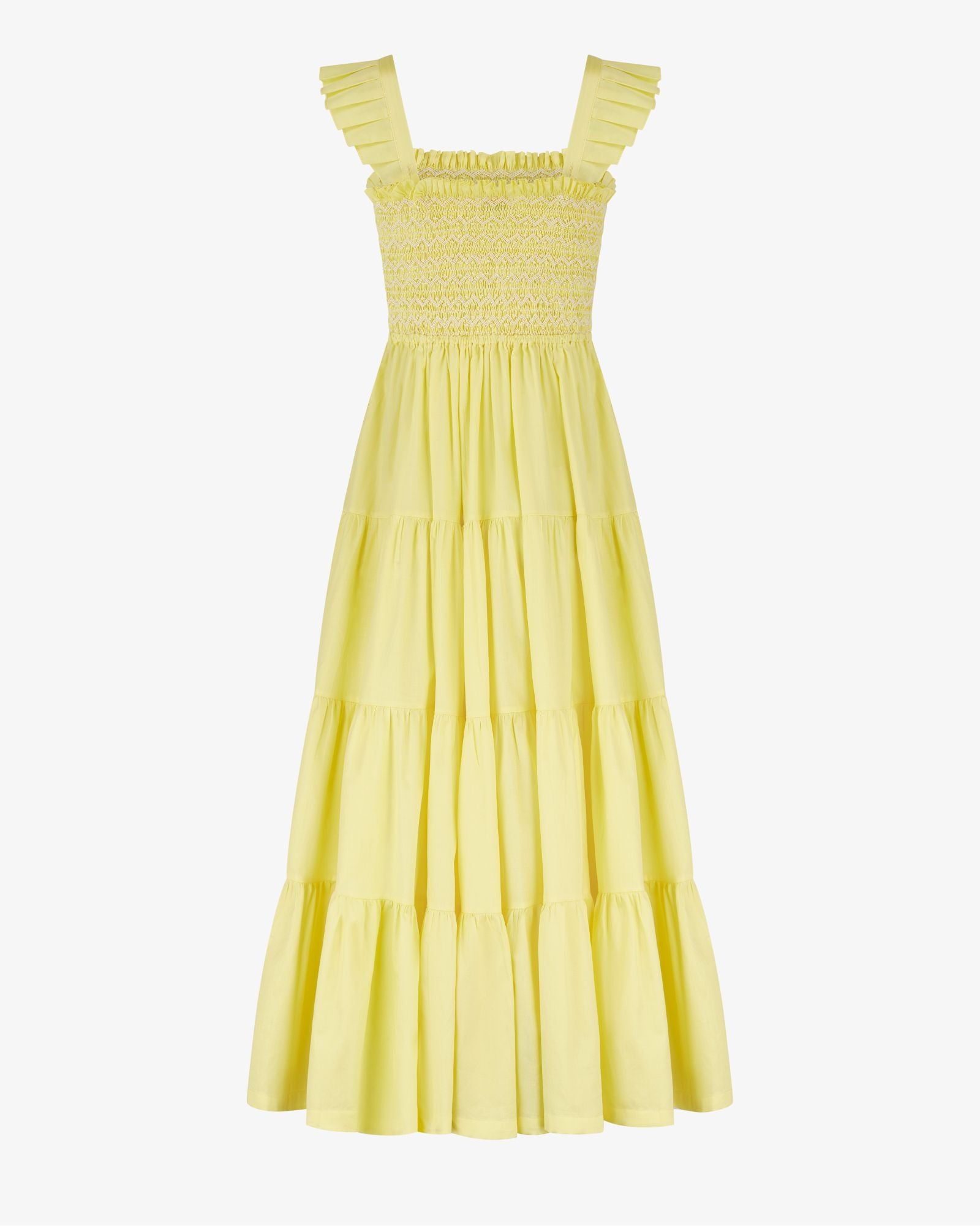 Rachel Carson Dress Lemon Cotton Lawn with Chantilly Hand Smocking