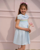 Katherine Johnson Dress Blue Sky Gingham with Rainbow Hand Smocking