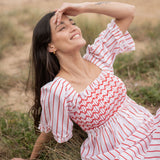 Josefine Butler Dress Aquafresh Stripe with Big Apple Hand Smocking