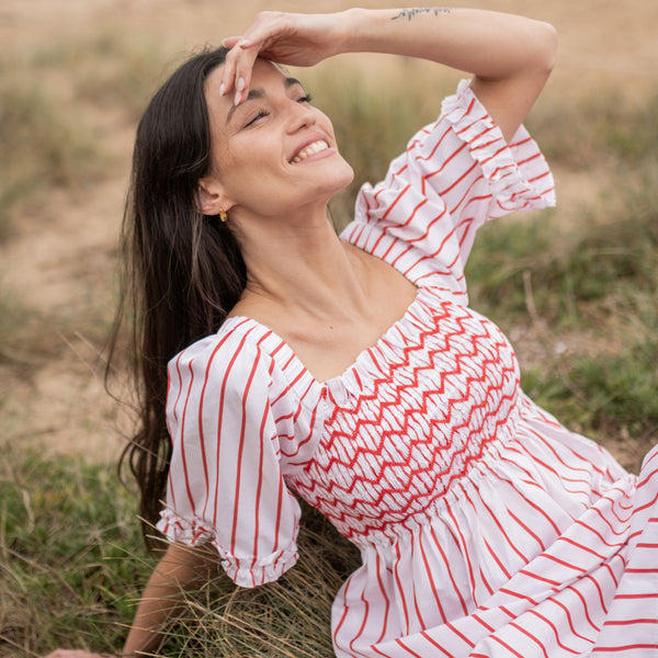 Josefine Butler Dress Aquafresh Stripe with Big Apple Hand Smocking