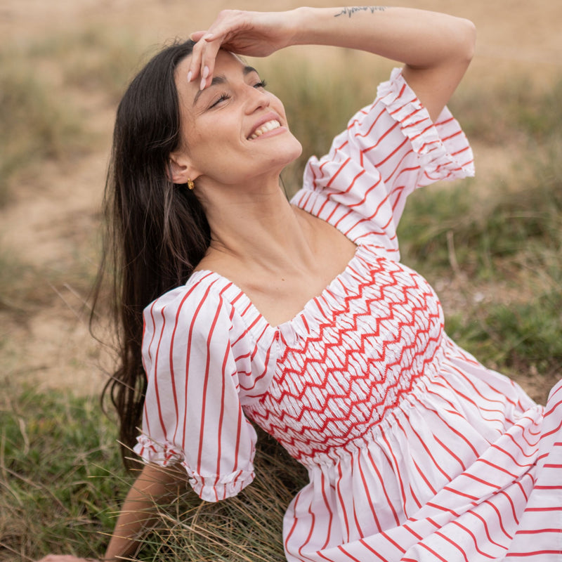 Josefine Butler Dress Aquafresh Stripe with Big Apple Hand Smocking