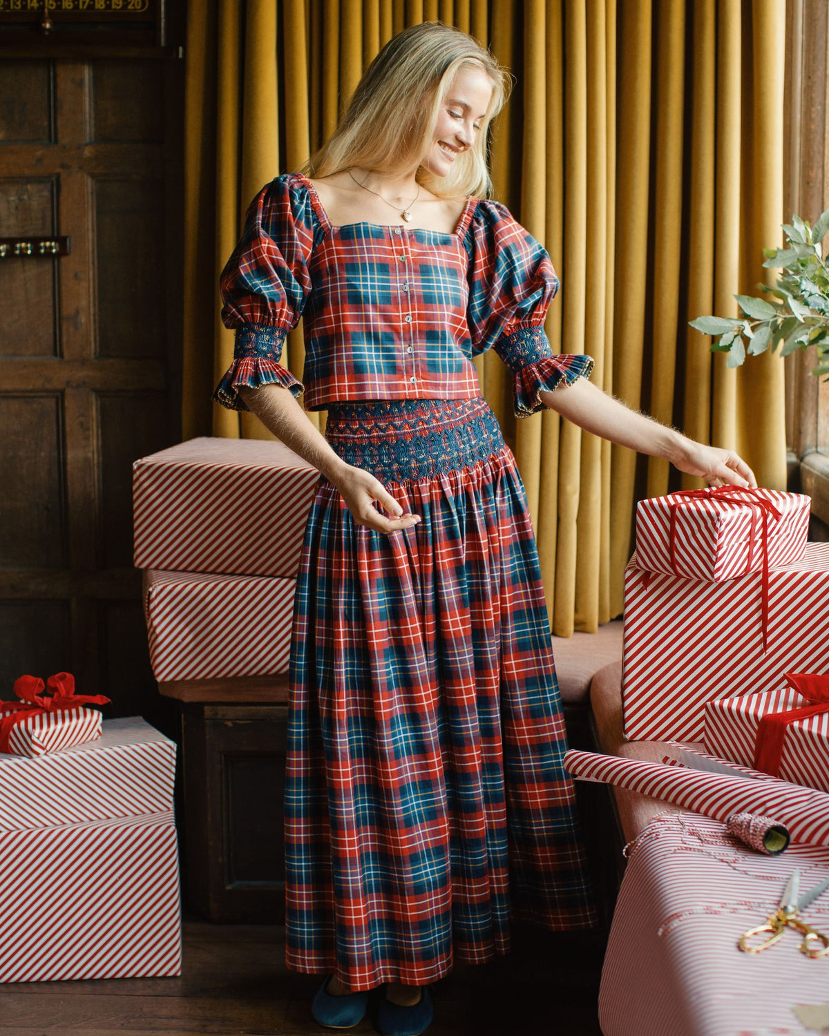 Sappho Blouse Wallace Tartan with Midnight Sparkle Hand Smocking