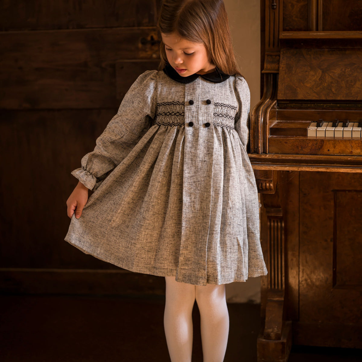 Margaret Thatcher Dress Stitches Linen Onyx Sparkle Hand Smocking
