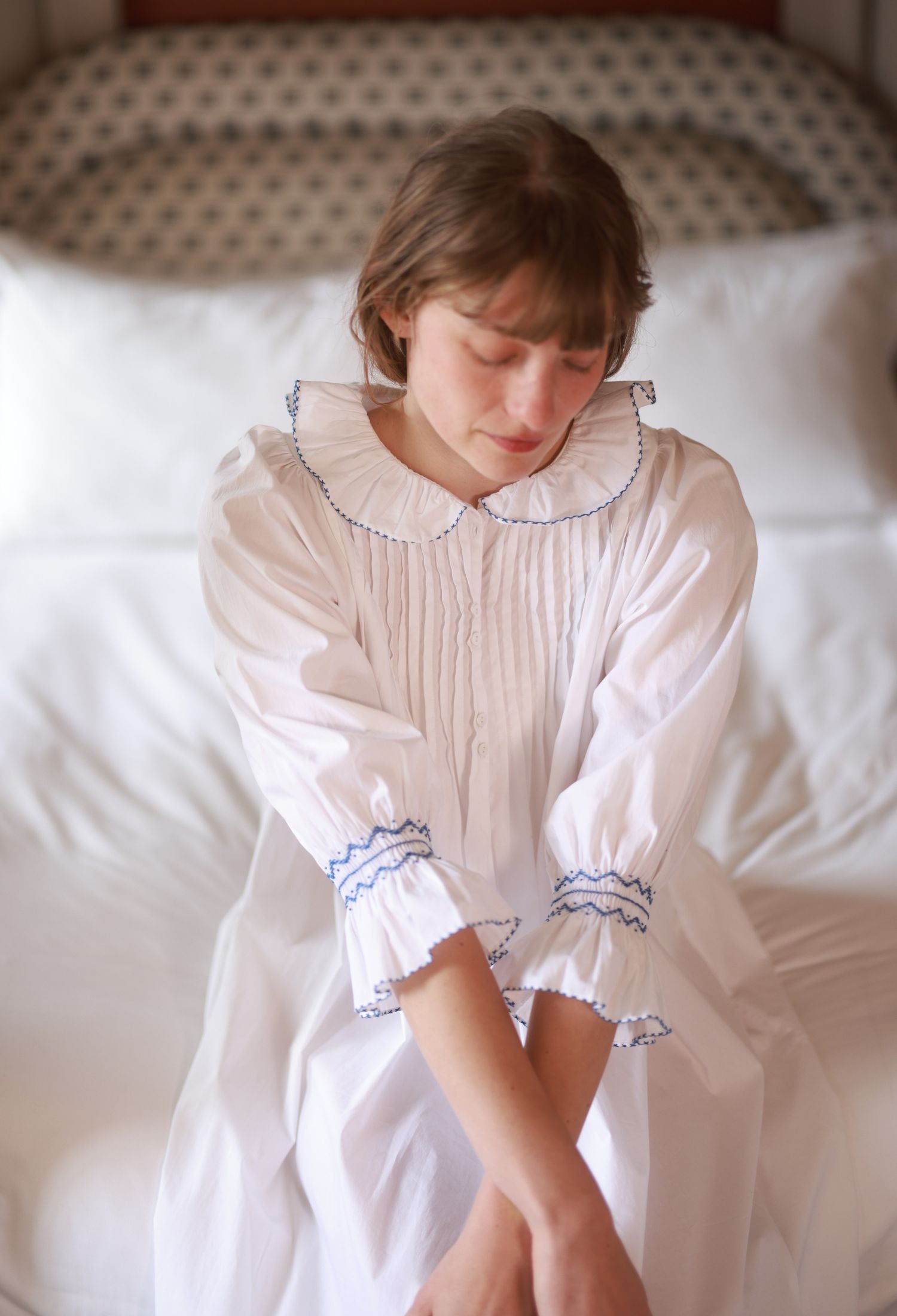 S/M Bessie Coleman Women's Dress Moonstone Cotton with Sapphire Hand Smocking