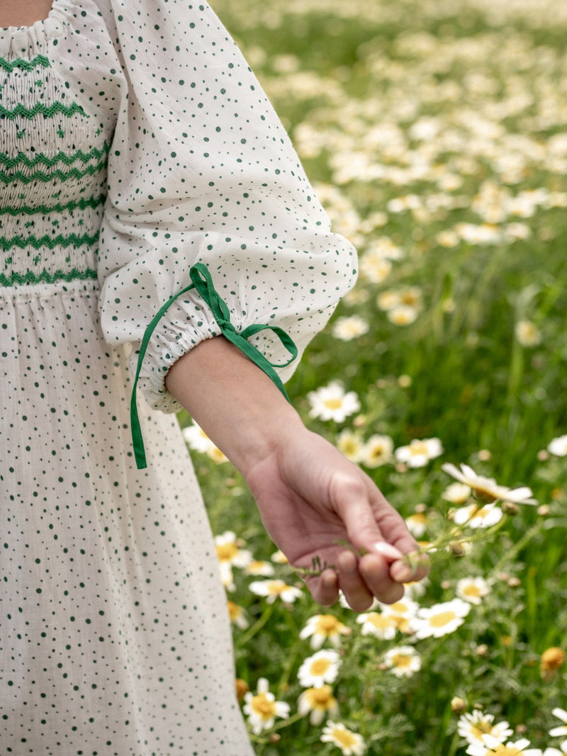 Josefine Butler Dress Frobscottle Spot with Cool as a Cucumber Hand Smocking