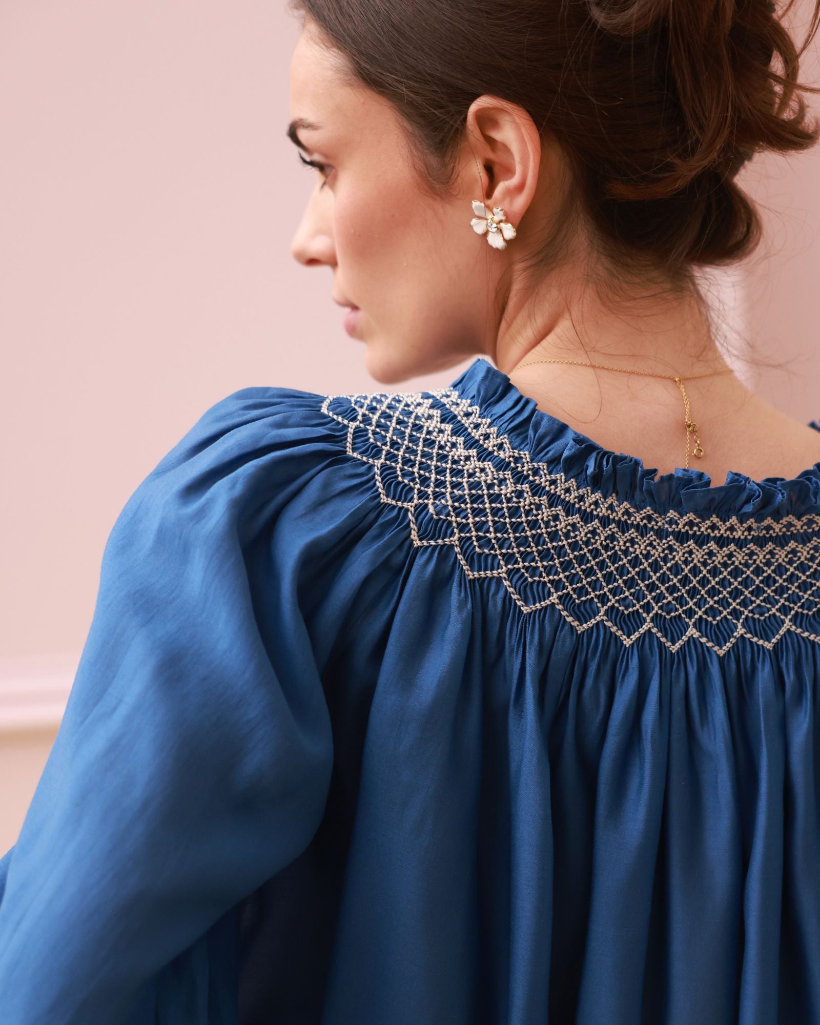 Cleopatra Blouse Cobalt Silk Cotton Sapphire with Vanilla Hand Smocking Edition 33