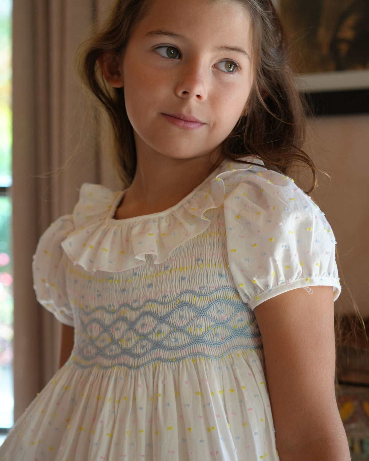 Katherine Johnson Dress Pastel Plumetti with Baby Blue Hand Smocking
