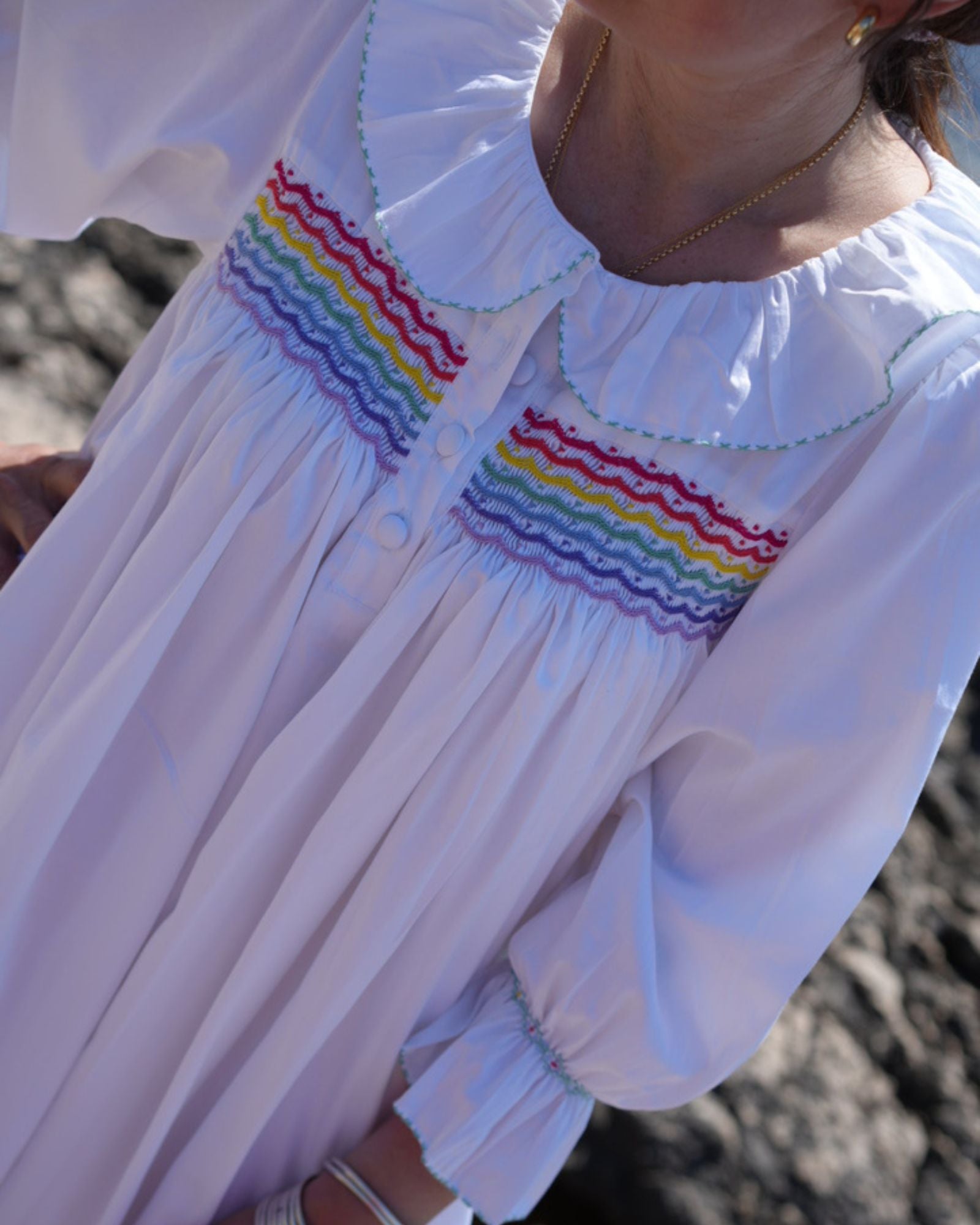 Nightingale Women's Dress Moonstone with Rainbow Hand Smocking