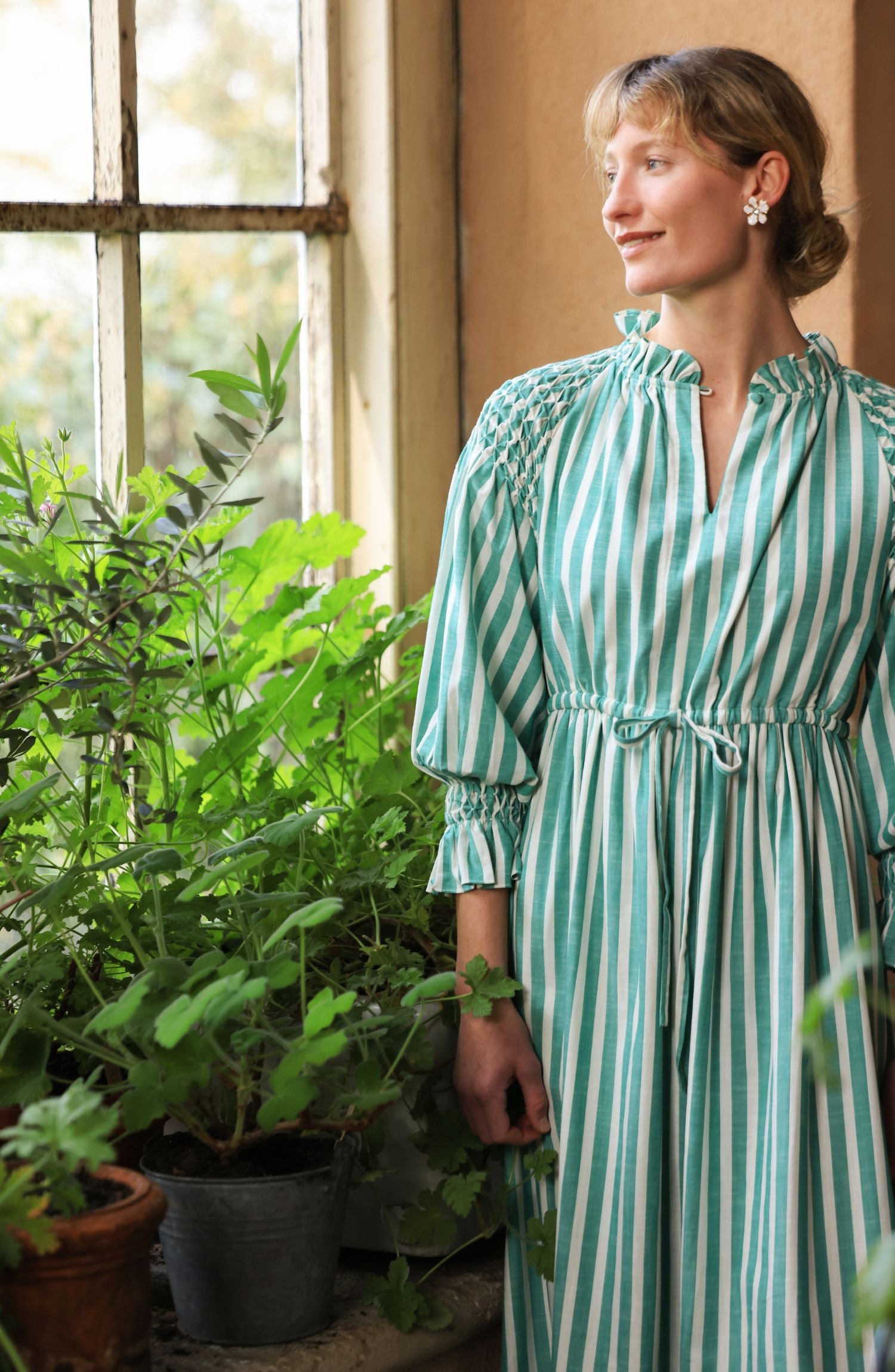 Aloha Wanderwell Dress Wimbledon Stripe with White Honeycomb Hand Smocking