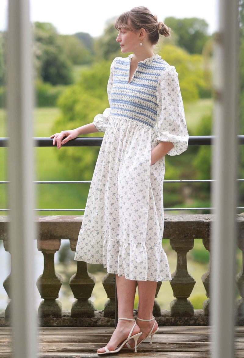 Emmeline Pankhurst Dress Brunnera Blooms with Forget Me Not Hand Smocking