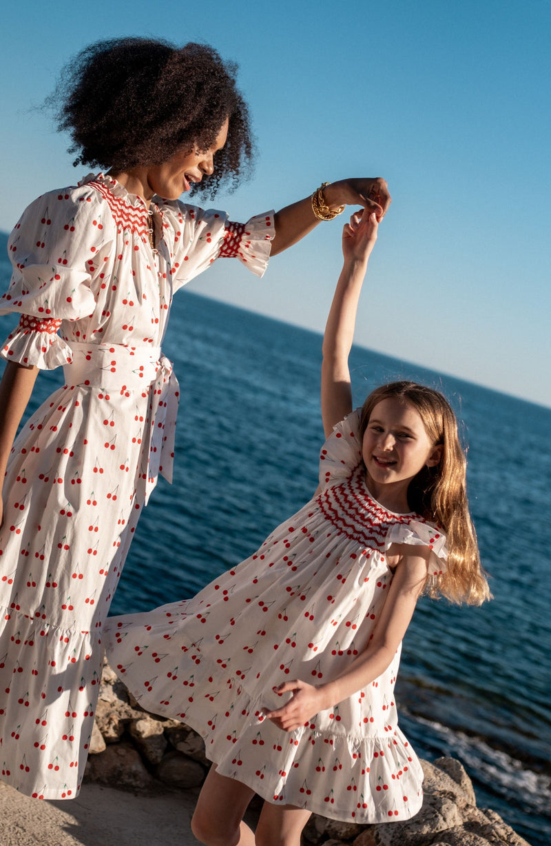 Indira Gandhi Flutter Dress Mon Cherry Cotton with a La Mode Hand Smocking