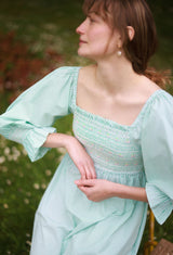 Josefine Butler Dress Kelly Green Seersucker with Cherry Pop Hand Smocking