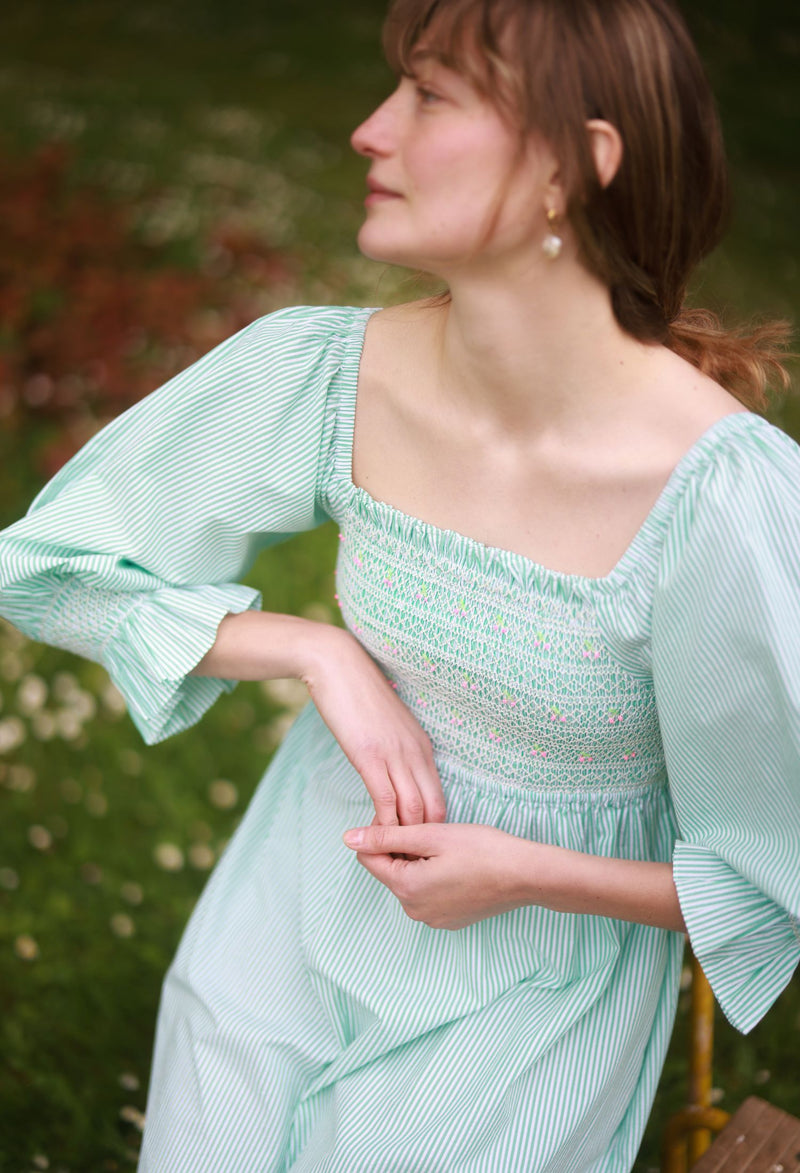 Josefine Butler Dress Kelly Green Seersucker with Cherry Pop Hand Smocking