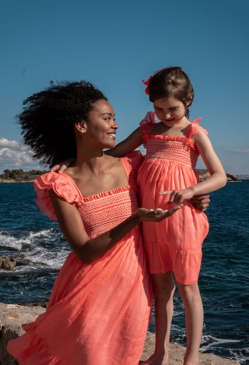 The Wallis Simpson Dress Coral Dreams Organdie with Chantilly Hand Smocking
