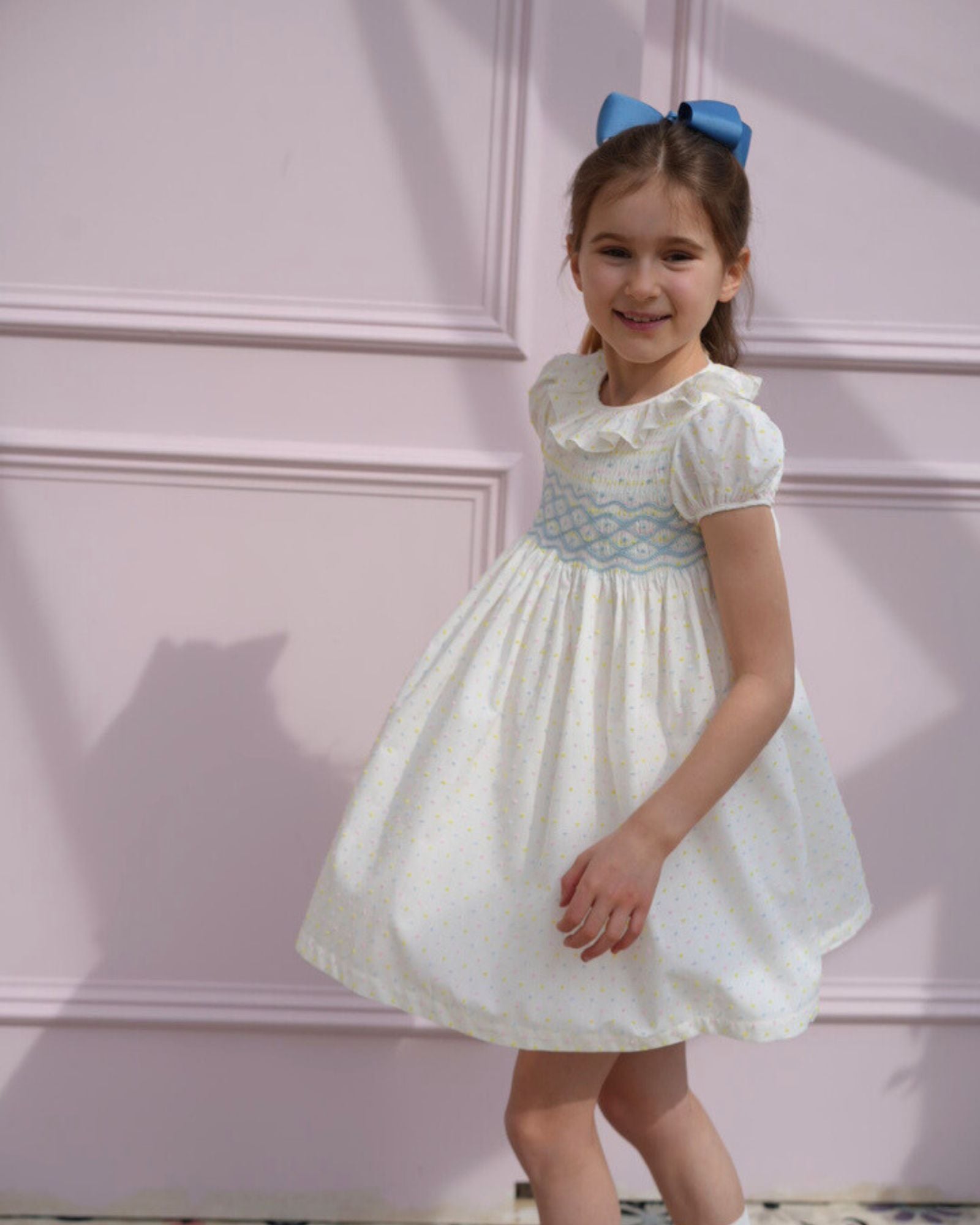 Katherine Johnson Dress Pastel Plumetti Blue Hand Smocking