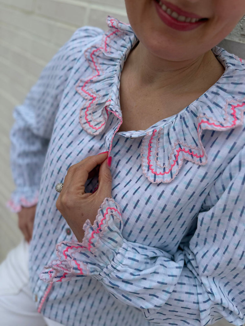 Bronte Blouse Skyscraper Stripes with Strawberrylicious Embroidery