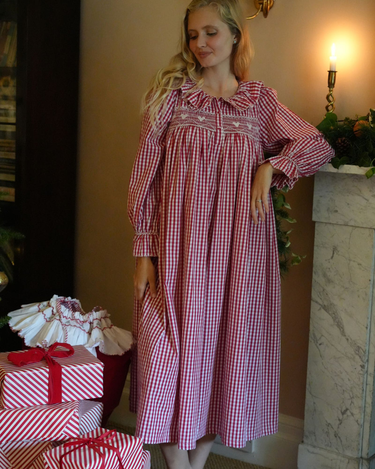 Nightingale Women's Dress Crimson Gingham with Snow Angel Hand Smocking