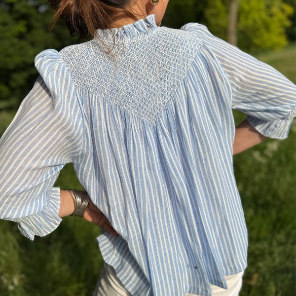 Rosa Parks Blouse  Periwinkle Painted Stripe with Summer White Hand Smocking Edition 9