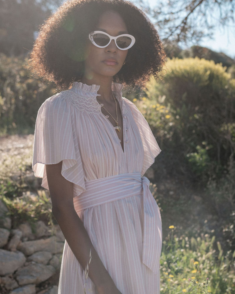 Colette Dress Parisienne Pink Stripe with Slaked Lime Hand Smocking