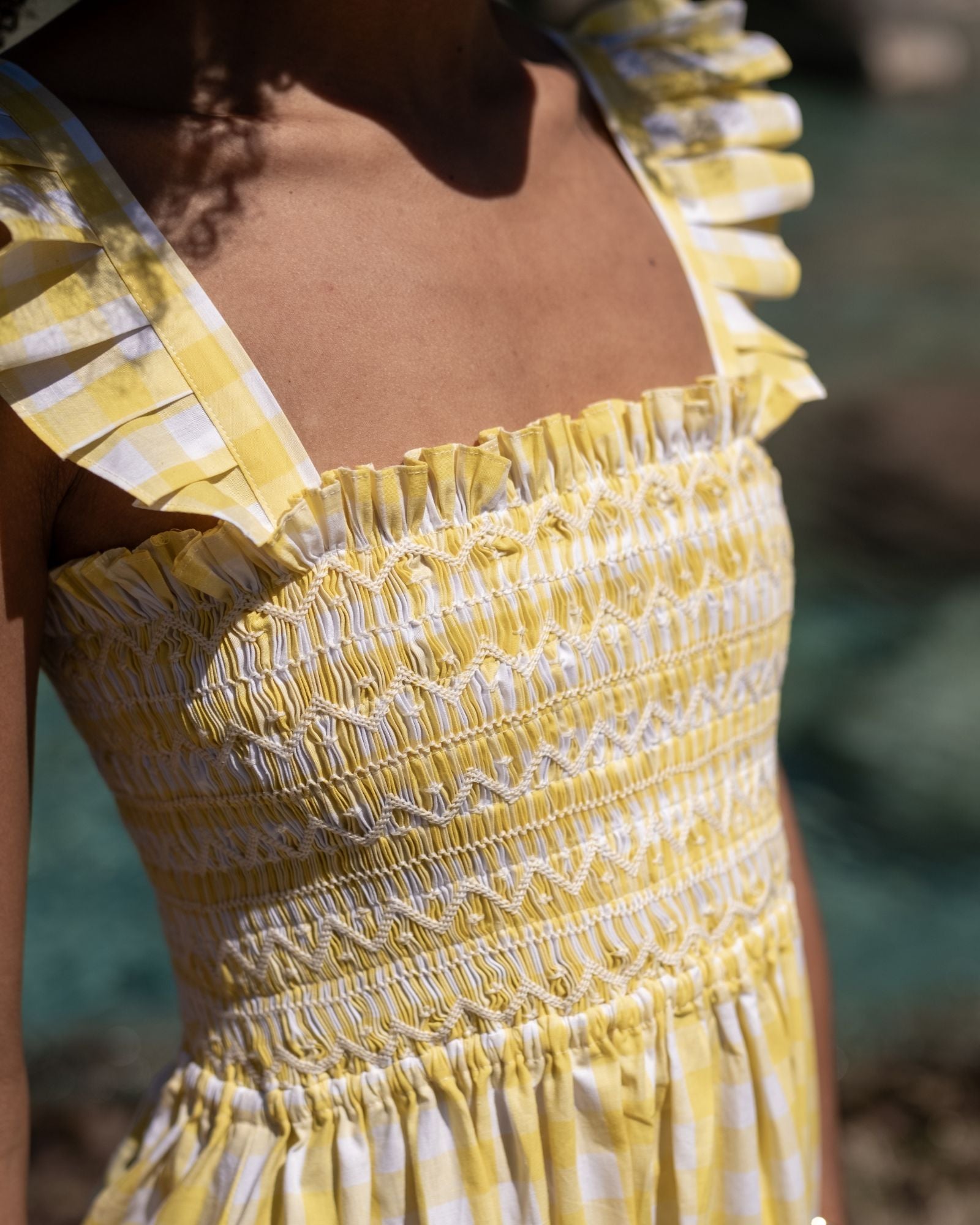 Rachel Carson Dress Positano Check with Ice White Hand Smocking