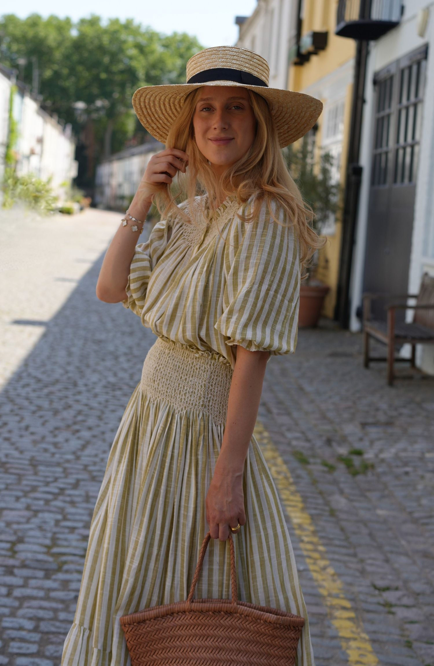 Domenica Marland x Smock London Sullivan Skirt Pistachio Stripes with Ecru Hand Smocking
