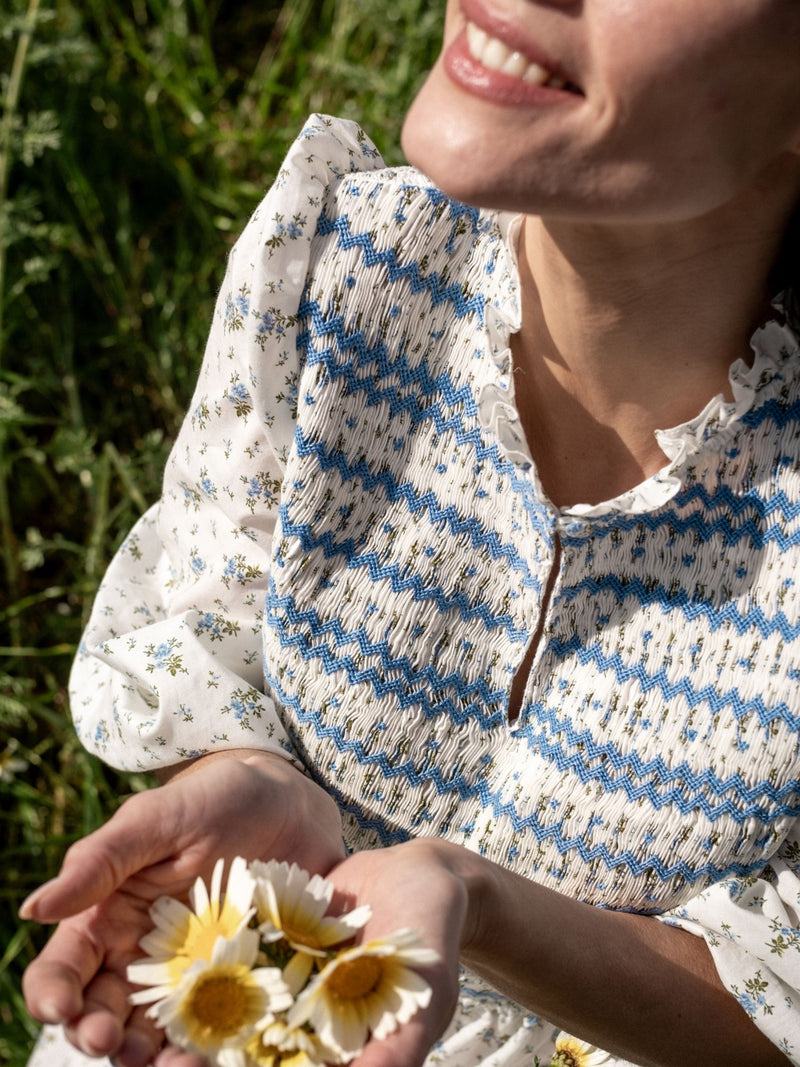 Emmeline Pankhurst Dress Brunnera Blooms with Forget Me Not Hand Smocking