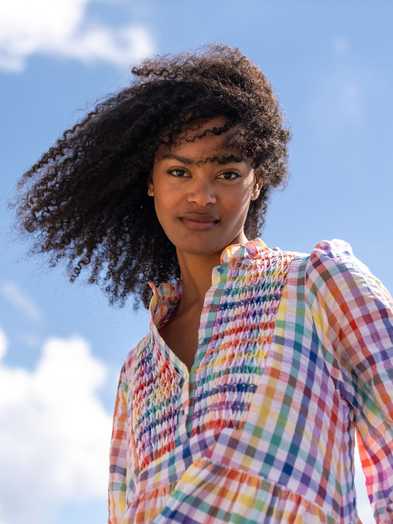 Billie Holiday Short Dress Rainbow Gingham with Prism Hand Smocking