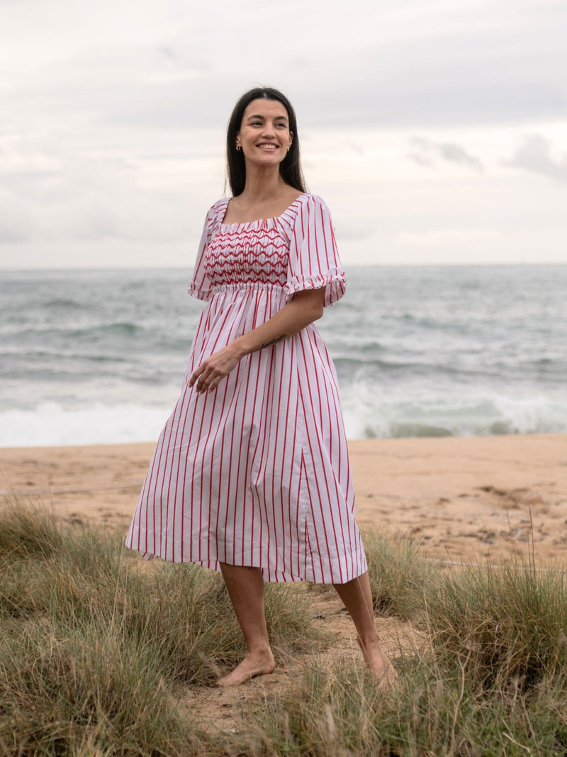 Josefine Butler Dress Aquafresh Stripe with Big Apple Hand Smocking