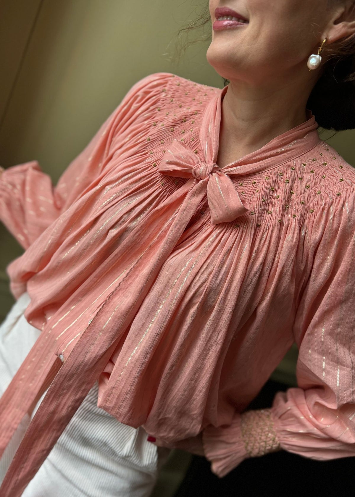 Large Burdett Coutts Pussy Bow Blouse Golden Girl Stripe with End of the Rainbow Hand Smocking Edition 1