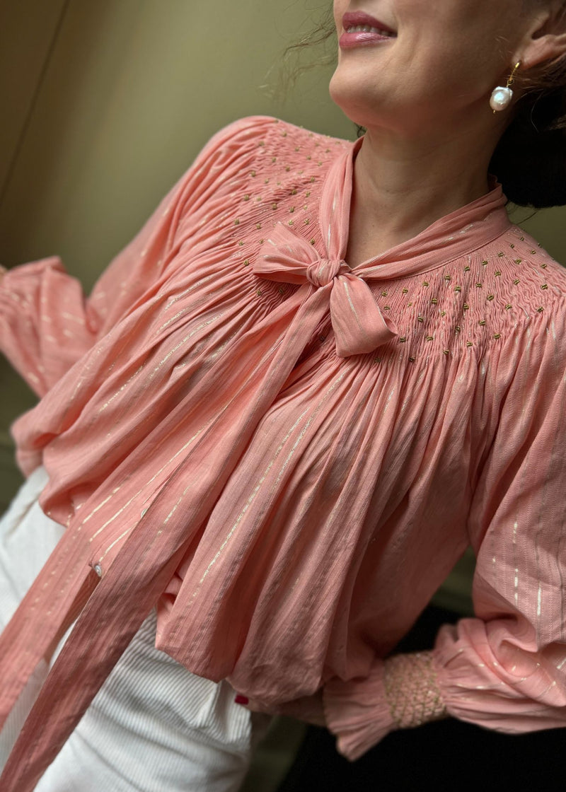 Small & Large Burdett Coutts Pussy Bow Blouse Golden Girl Stripe with End of the Rainbow Hand Smocking Edition 1