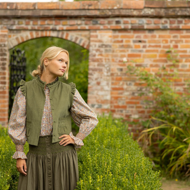 Mary Seacole Women's Skirt Oak Leaf Linen with Moss Hand Smocking