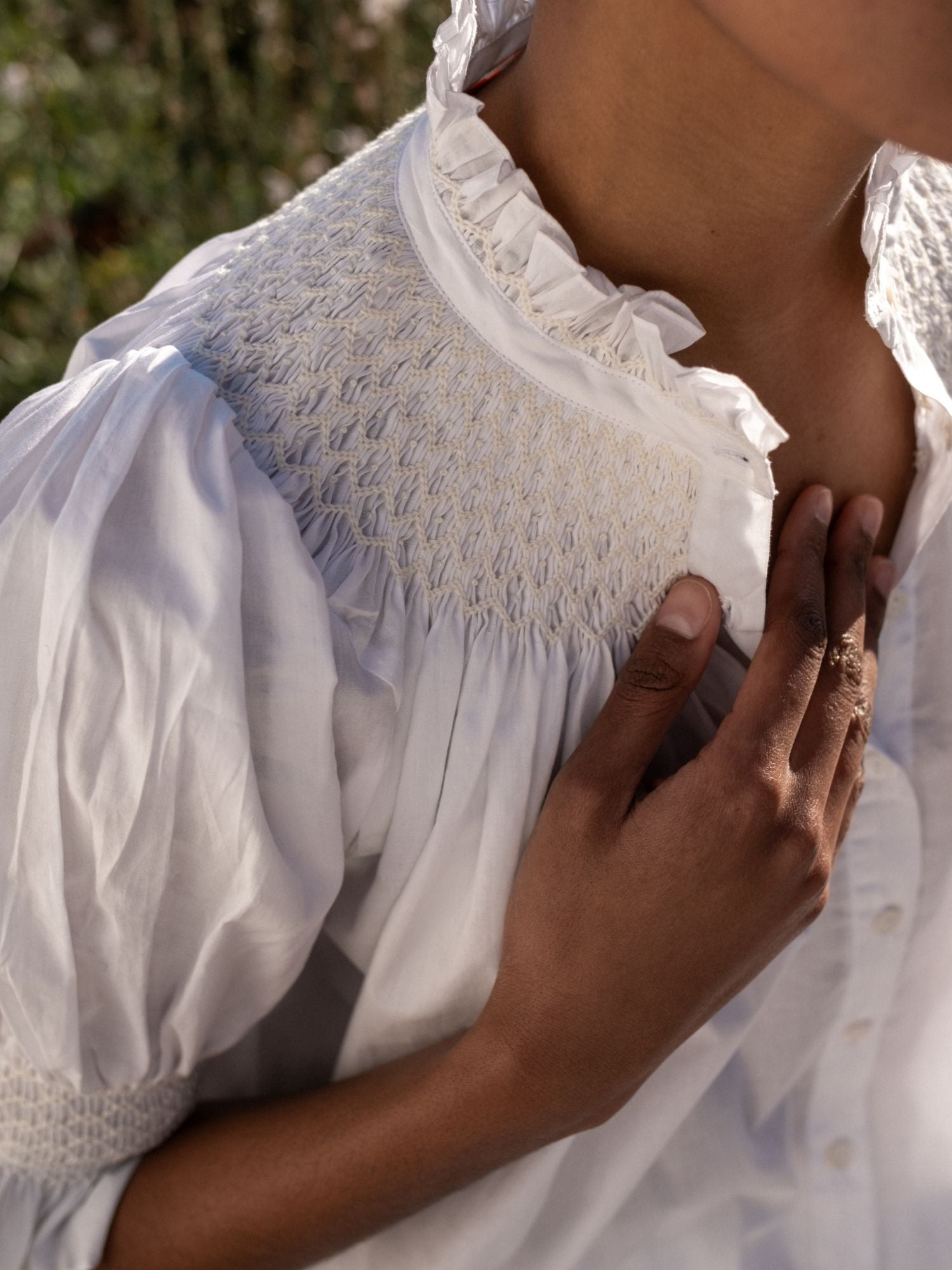 Scholl Women's Summer Blouse White with Ivory Hand Smocking Edition 9
