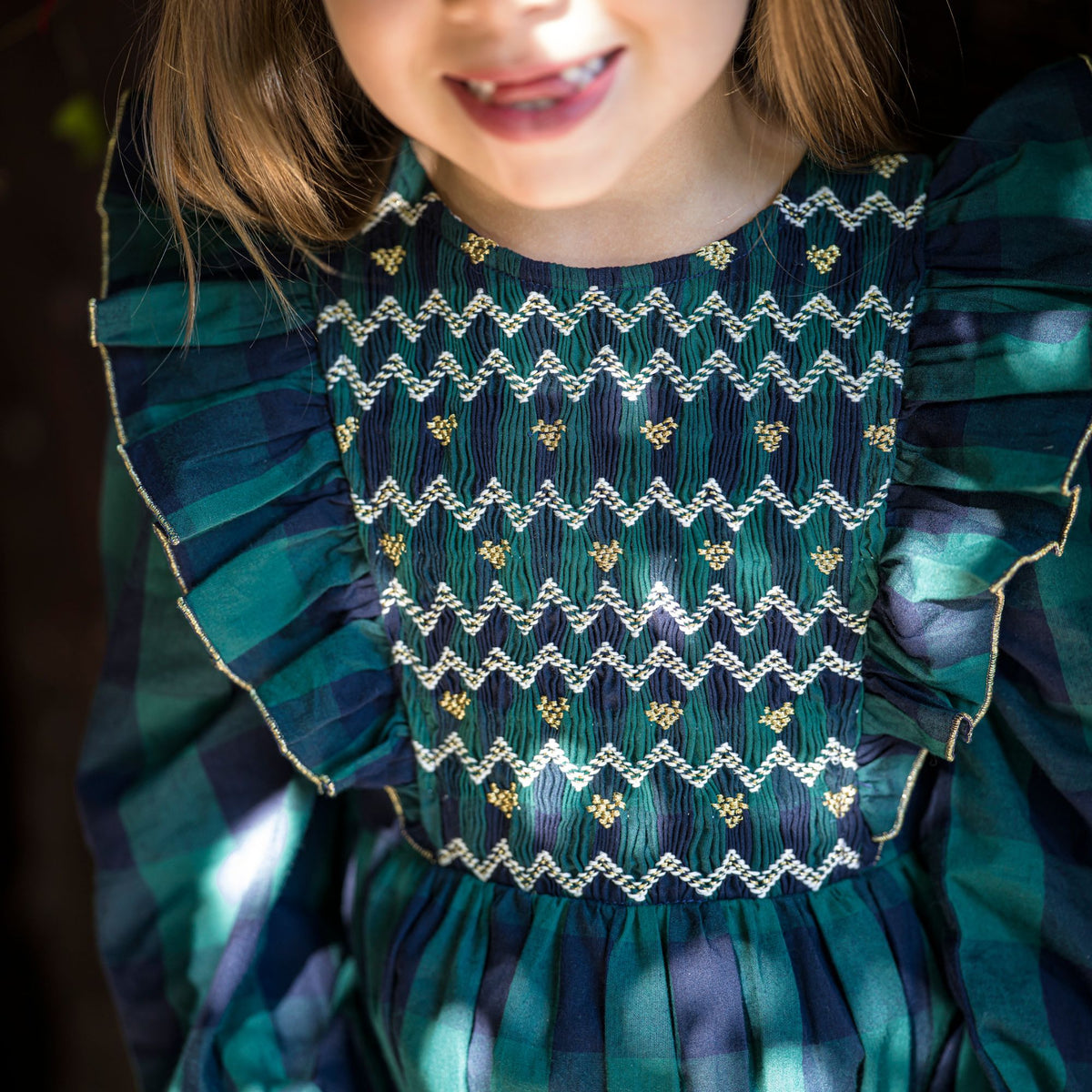 1-2, 2-3, 6-8y Anna Pavlova Dress Pine Tree Gingham with Hearts a Glow Hand Smocking