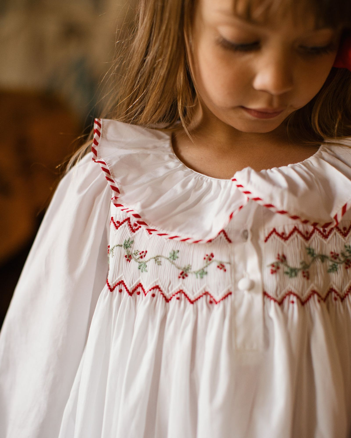 Nightingale Girl's Dress with Candy Cane Piping and Christmas Garland Hand Smocking