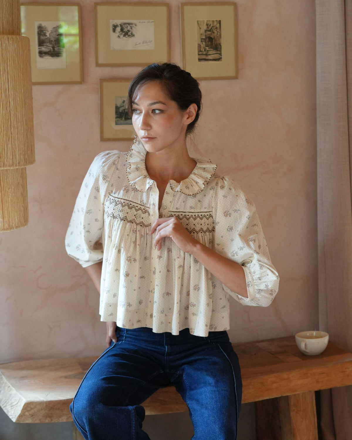 Marie Curie Blouse Tea Posie with Toffee Cream Hand Smocking