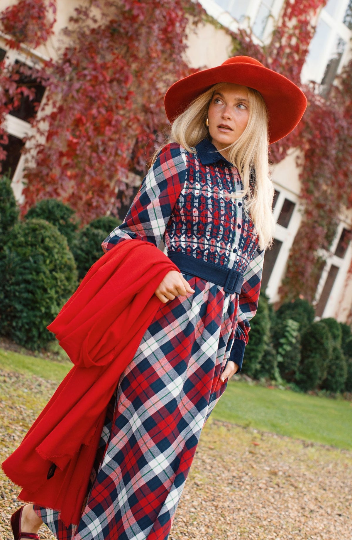 Woodhull Dress Macintyre Tartan with Navy and Red Hand Smocking