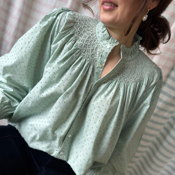 Scholl Blouse Aqua Plumetti with Mallow Hand Smocking Edition 37