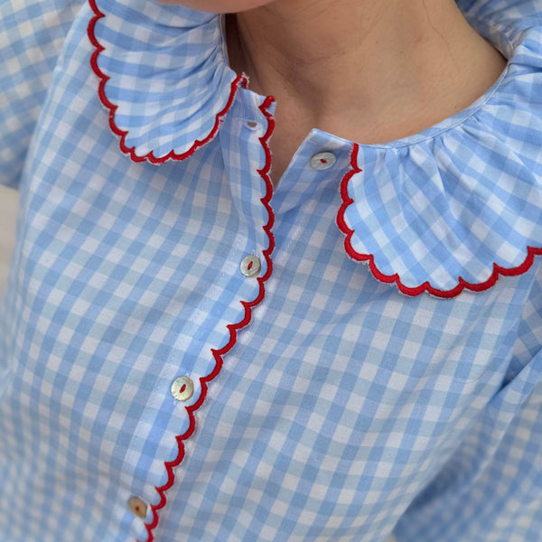 De Beauvoir Blouse Baby Blue Gingham with Russian Red Embroidery