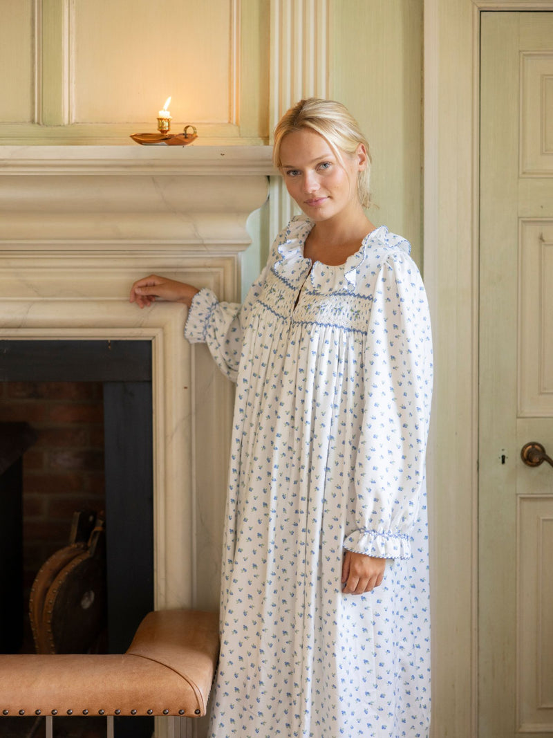 Women's Nightingale Dress Blueberry Brushed Cotton with Blueberry Hand Smocking
