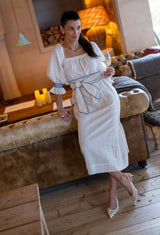 Mulan Dress Hopscotch Linen with Lapis Lazuli Hand Smocking