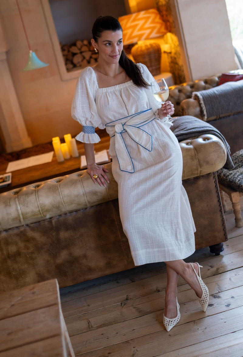 Mulan Dress Hopscotch Linen with Lapis Lazuli Hand Smocking