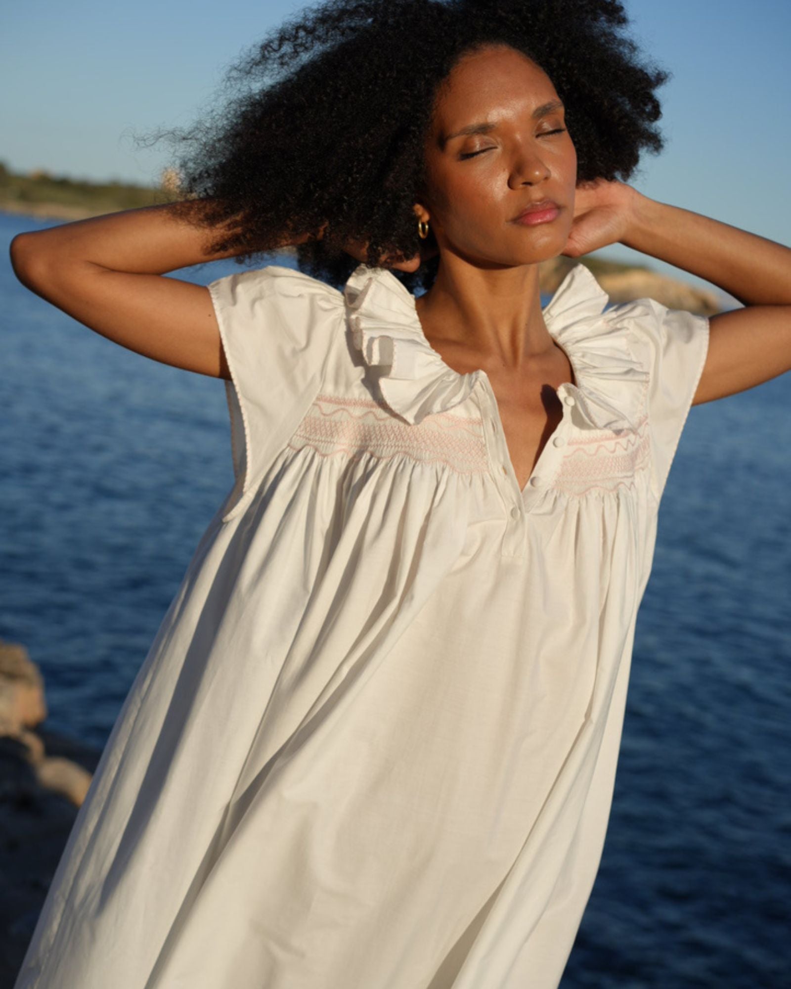 Nightingale Women's Short Sleeve Dress with Seashell Stacked Curves Hand Smocking
