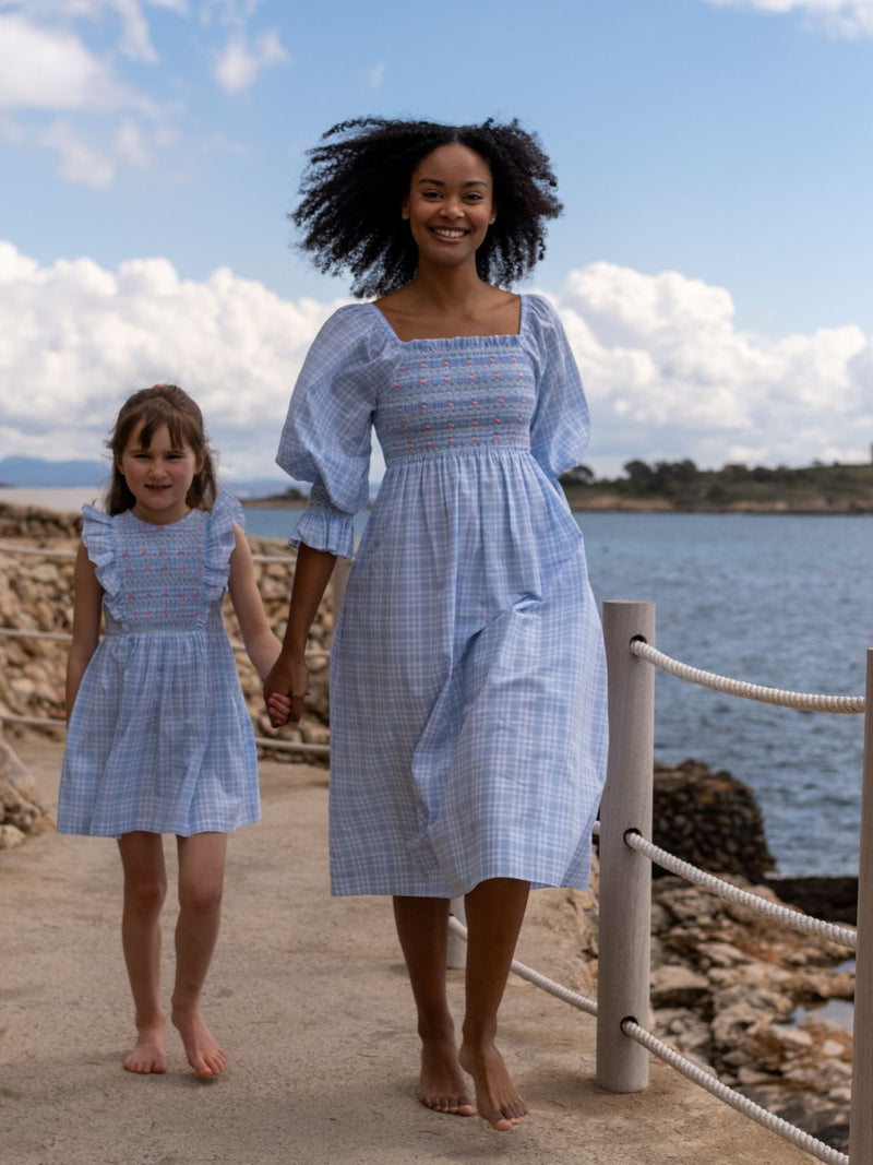 Josefine Butler Dress Seaside Check with Cherries Hand  Smocking
