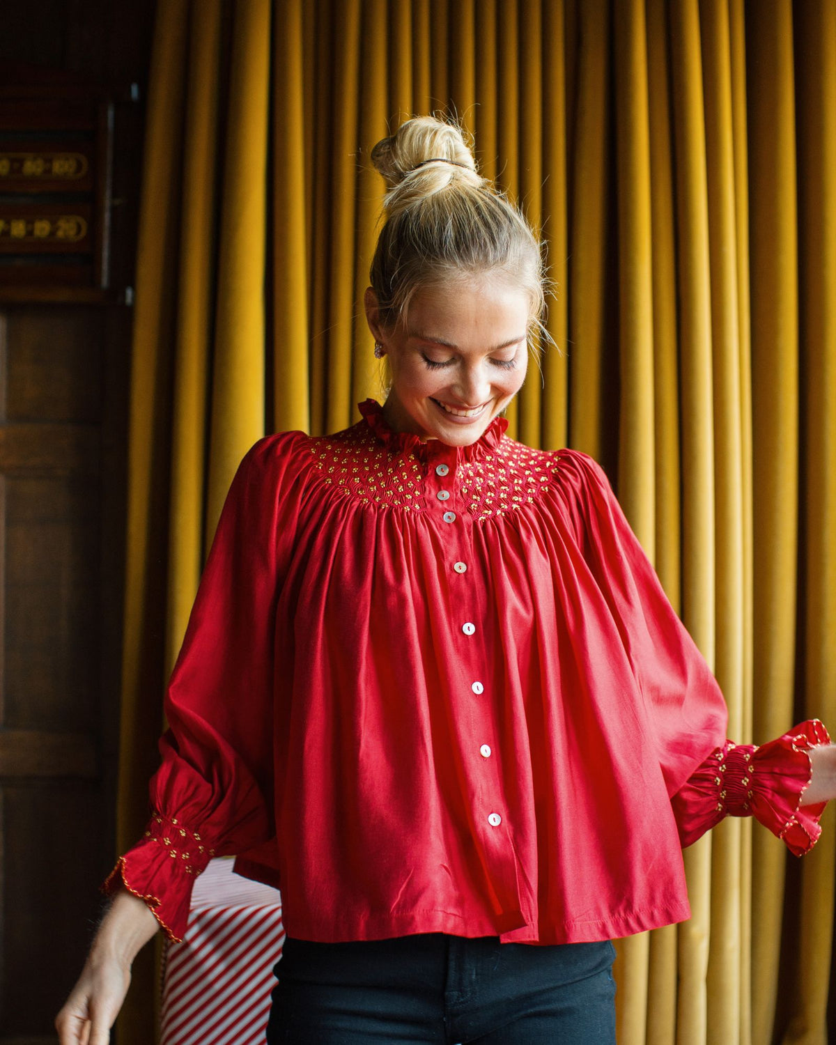 Cleopatra Blouse Red Silk Cotton with Sleigh Bell Hand Smocking Edition 35