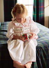 2-3y Samantha Varvel x Smock London Nightingale Girls Dress Moonstone White with Candy Cane Trim and Holly Hand Smocking