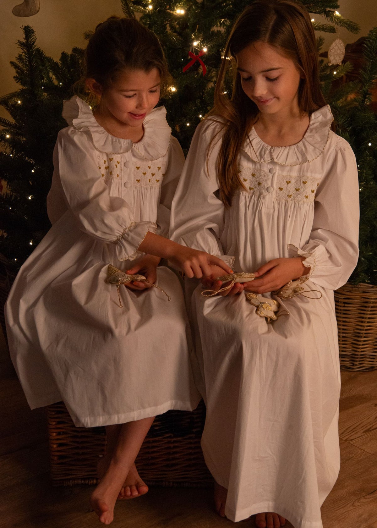 3-4y Memo Press x Smock London Nightingale Girls Dress Moonstone with Gold Bows Hand Smocking