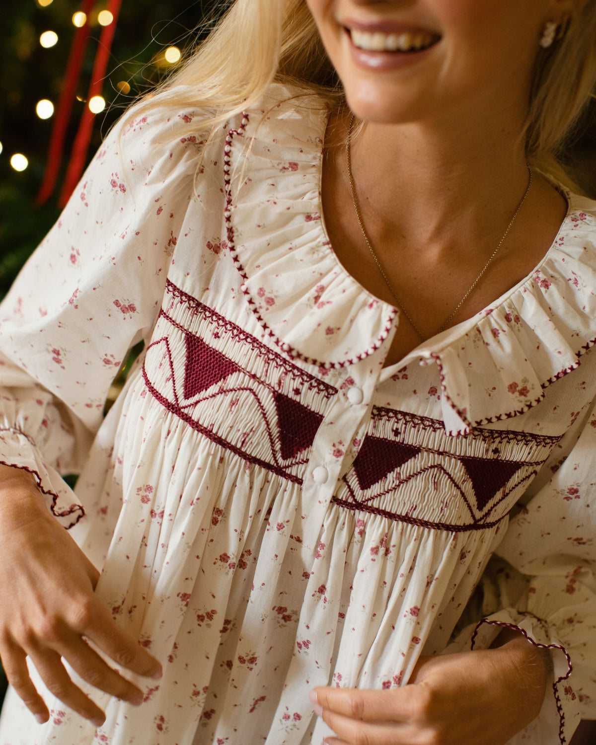 Nightingale Women's Dress Yuletide Floral with Cranberry smocking